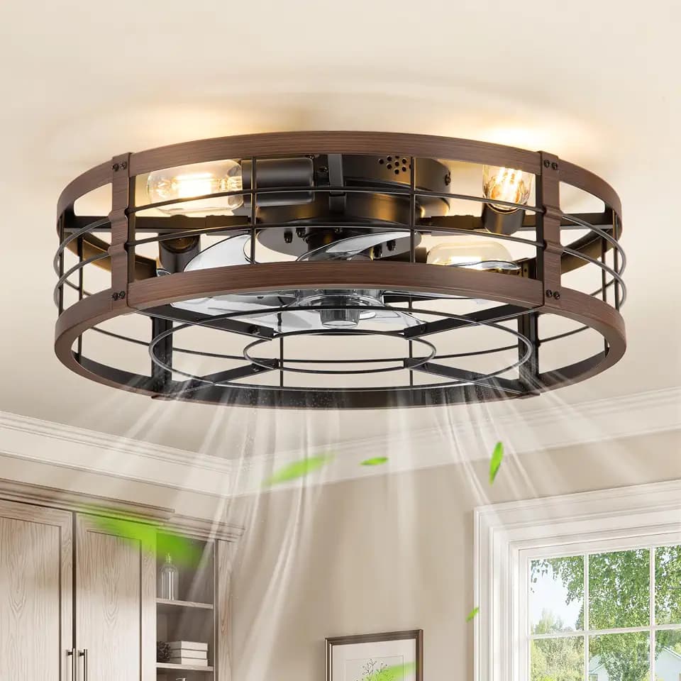 LEDIARY 20" Walnut Caged Low Profile Ceiling Fan with Light and Remote