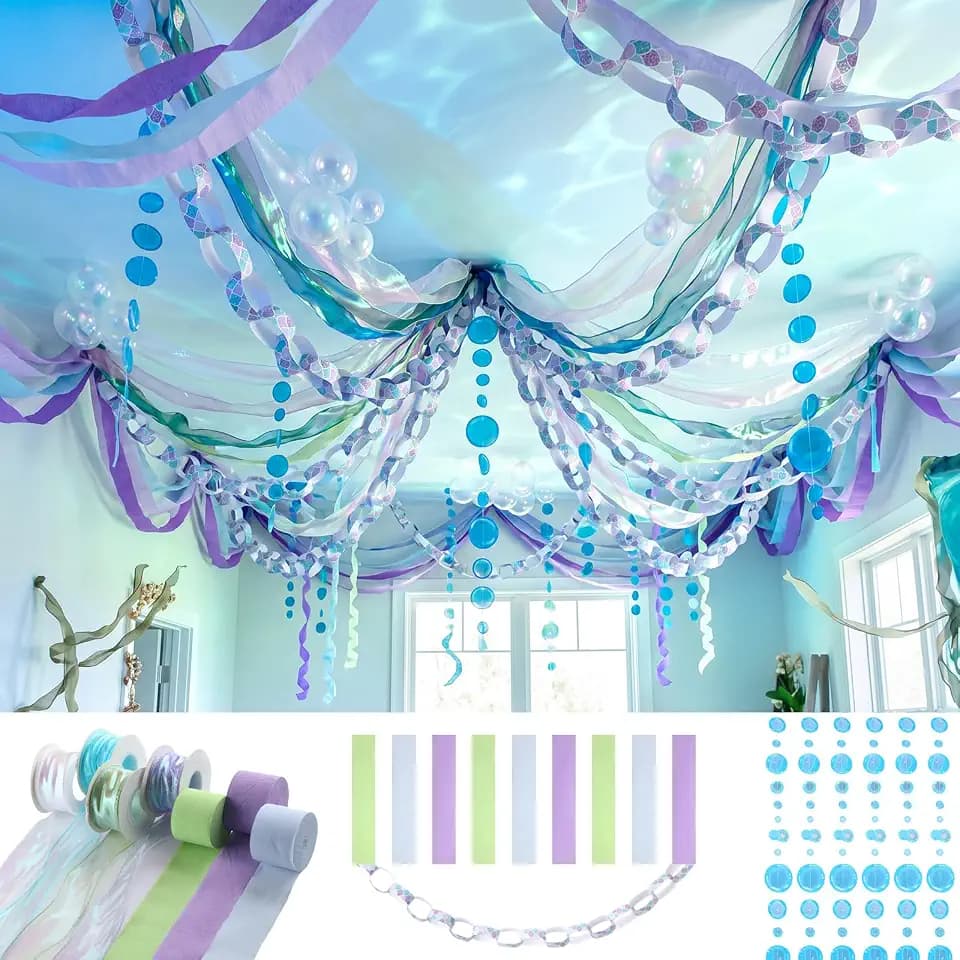 Gueevin 300 Sheet Under The Sea Mermaid Paper Chain Strips Garland Party Decorations with 246ft Crepe Streamers 23.6ft Blue Bubble Garlands 118ft Organza Ribbon for Mermaid Birthday Party Decor