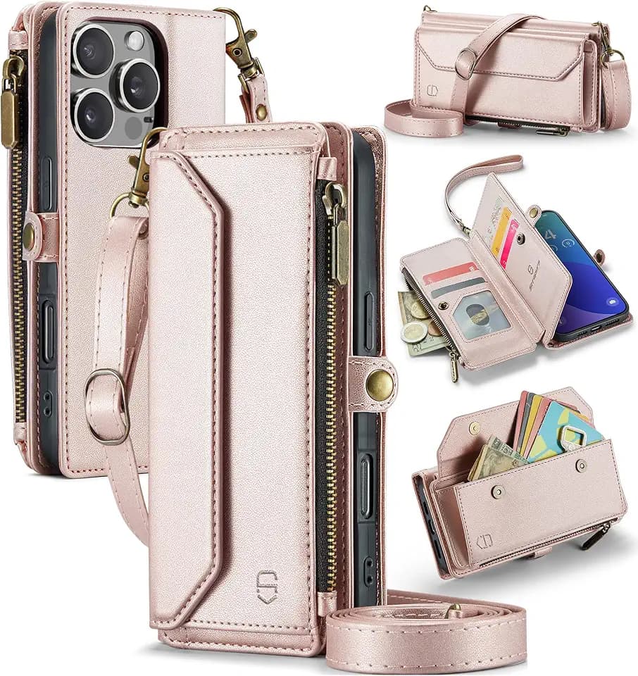 Strapurs for iPhone 16 Pro - Zipper Strap Wallet Case for Women, Rose Gold