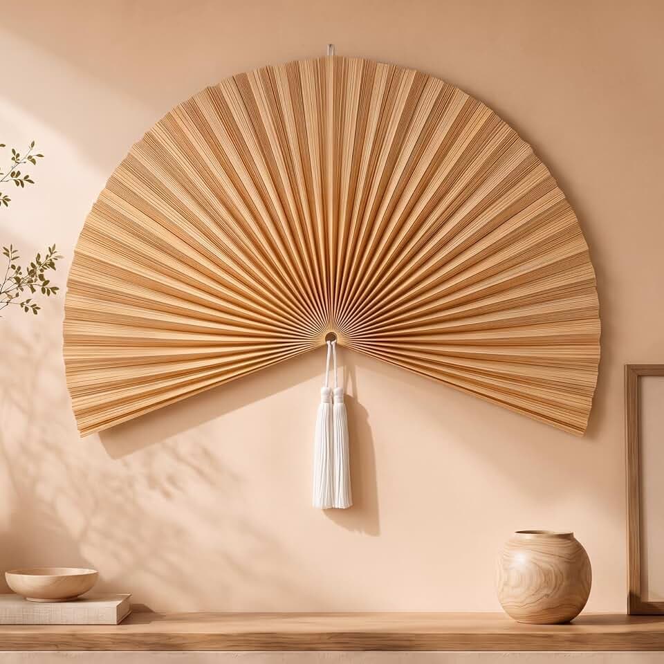 60'' Large Wall Fan Decor Bamboo Hanging Fan, Beige, Boho