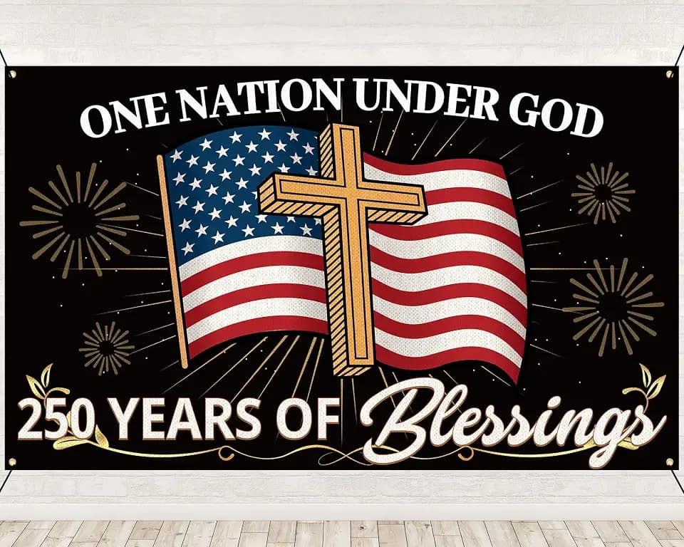 Blessings America 250th Years Backdrop One Nation Under God Flags 250 Years USA Patriotic Banner 4th of July Independence Day Party Decorations for Garden Outdoor Fence Gathering 71" ×47"