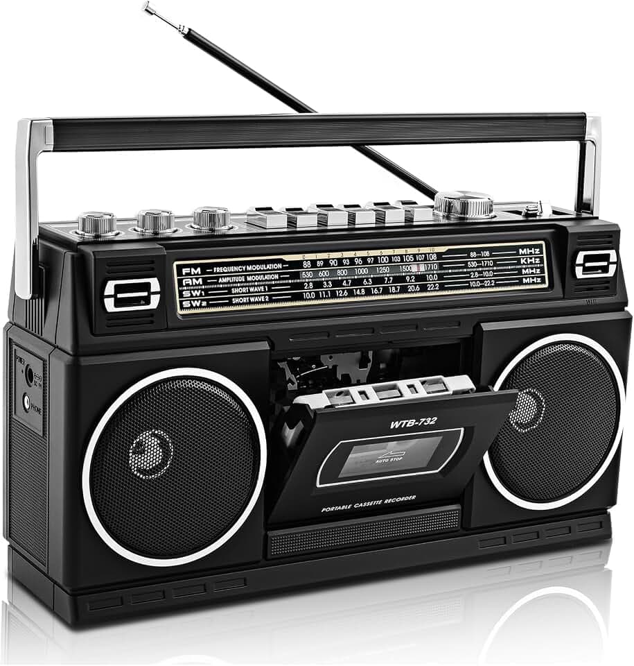 Retro Classic 80s Style Portable Boombox with Cassette Player Recorder, AM/FM/SW1/SW2 Radio, Bluetooth, USB/Micro SD Slots, Headphone Jack, 24W Dual Full-Range High Bass Speakers
