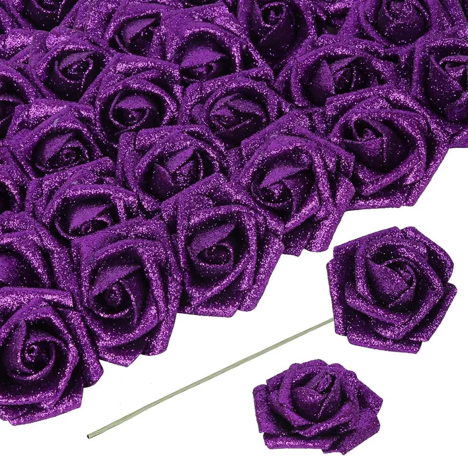 Purple Glitter Roses Artificial Flowers 30 PCS Artificial Flowers 2.17 in Glitter Flowers Foam Roses with Stem Faux Flowers for DIY Wedding Bridal Bouquet Party Centerpieces Decor(Purple)
