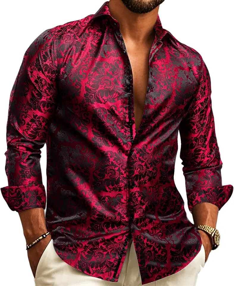 Barry.Wang Men's Paisley Shirt Bequemer Schnitt für große und große Männer Seide Jacquard Business Hochzeit Freizeithemd für Männer