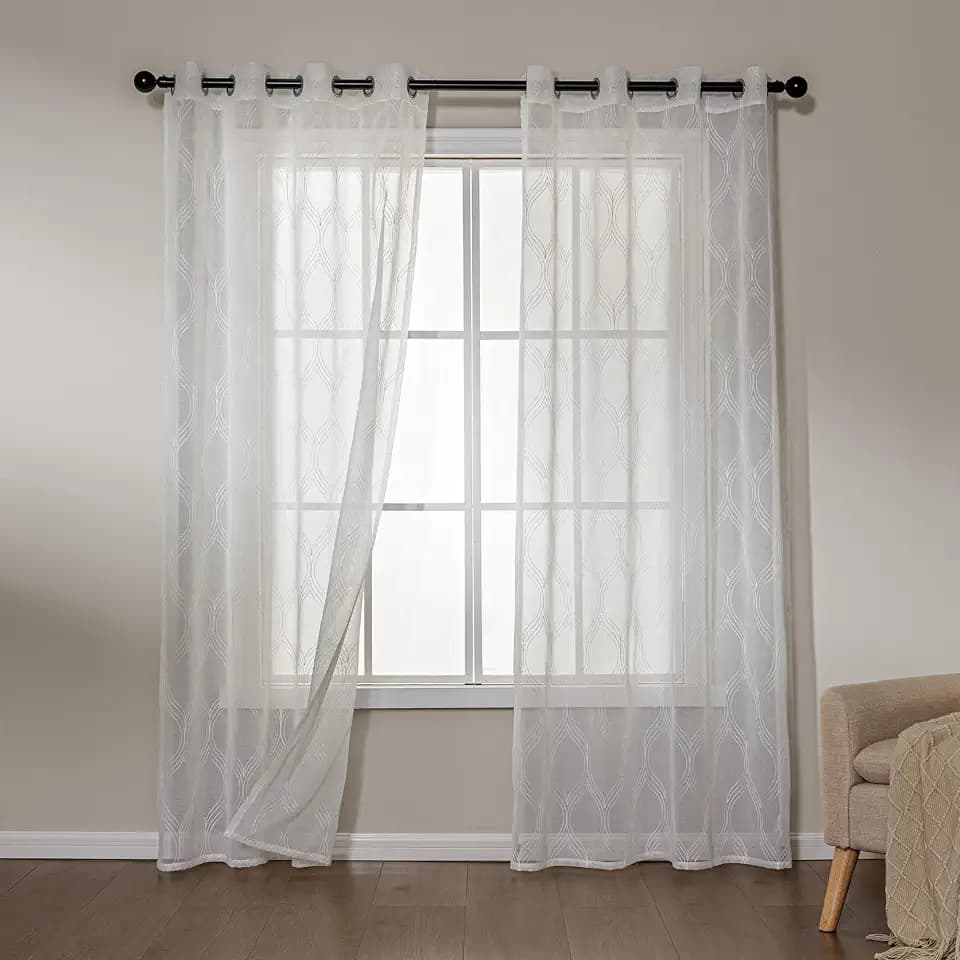 Amazon Basics 2-Piece Embroidery Sheer Curtain Set, Light Filtering Hollow Drapes for Living Room and Bedroom, 52" W × 84" L, White Classic Waves