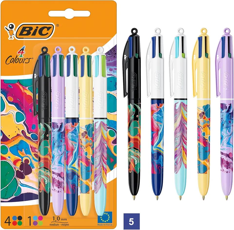 BIC 4 Farben Kugelschreiber Set 4 Colours Dekor Hydro, verschiedene Designs, nachfüllbar, Ideal für das Büro, das Home Office oder die Schule, 5er Pack