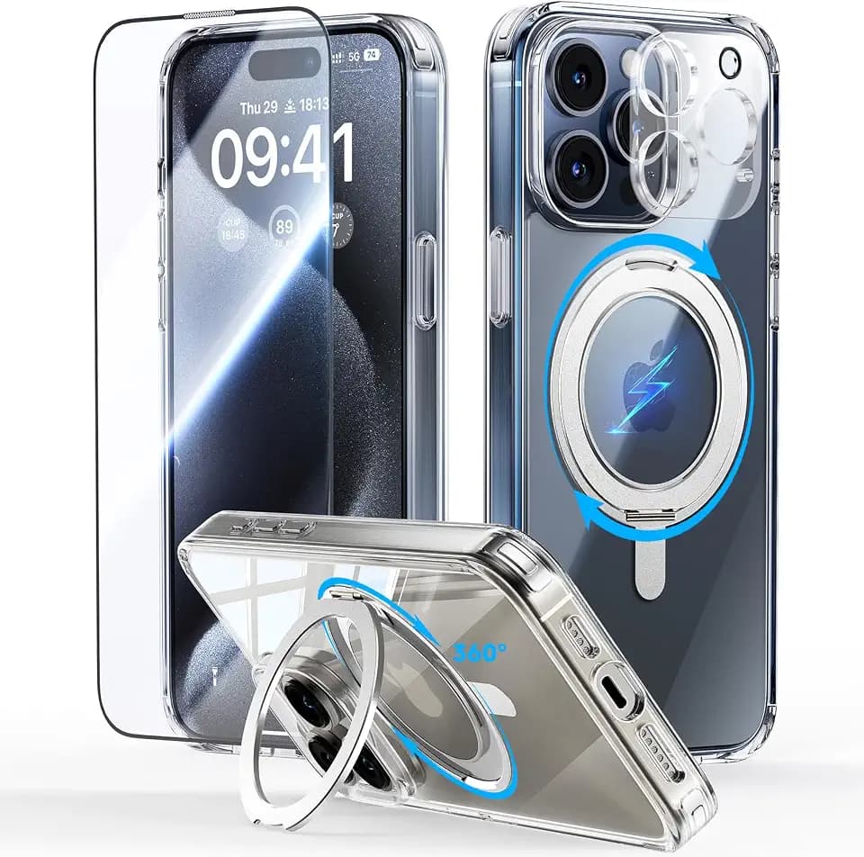 JUESHITUO for iPhone 15 Pro Case: [Non-Yellowing] 360°Rotatable Magnetic Ring Stand & Holder with [Rotary Damping Sound], Fit for MagSafe Sturdy Protective Phone Cover 6.1"- TickStand Series - Clear