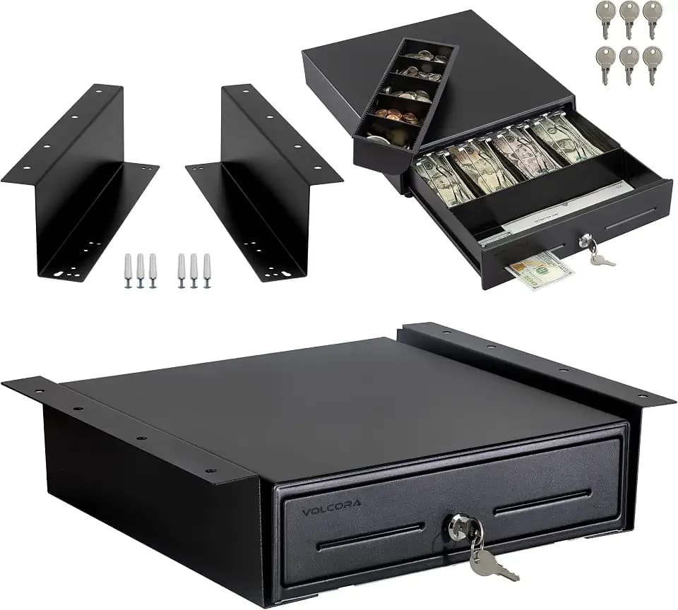 Volcora 13" Electronic Cash Register Drawer with Under Counter Mounting Metal Bracket - POS, 4 Bill 5 Coin Cash Tray, Removable Coin Compartment, 12-24V RJ11/RJ12 Key-Lock, Media Slot, Black