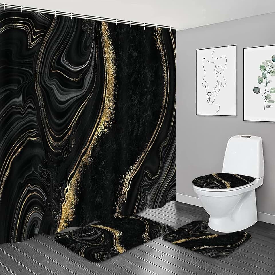 NBVKO 4Pcs Black Gold Marble Shower Curtain Sets with Rugs Bathroom Sets with Shower Curtain and Rugs Modern Abstract Bathroom Decor Accessories Shower Curtains for Bathroom Toilet Lid Cover