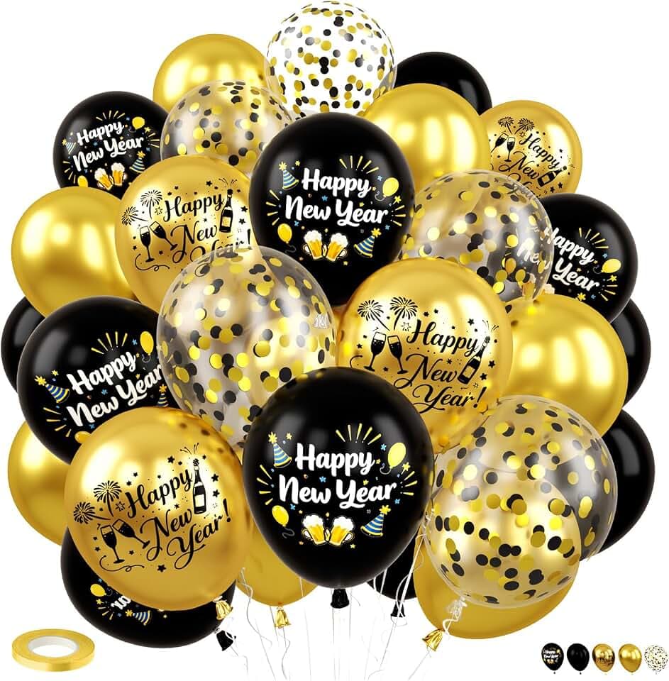 Happy New Year Balloons 50 Pcs 12 Inch 2026 Black Gold Balloon New Year