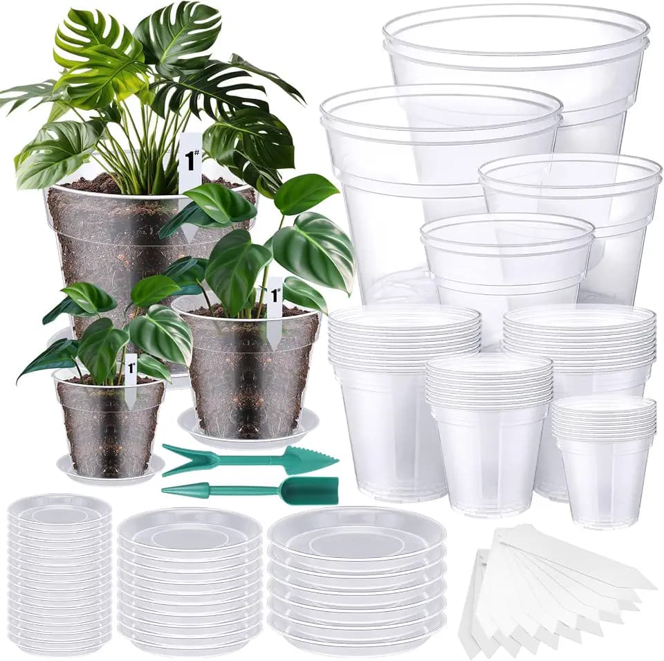 Domensi 40 Pack Clear Nursery Pots 3/4/5/6/7/8/9/10 Inch Plastic Plant Pots with Drainage Holes and 32 Trays Garden Seedling Pot with 40 Plant Labels 2 Garden Tools for House Plants Flowers