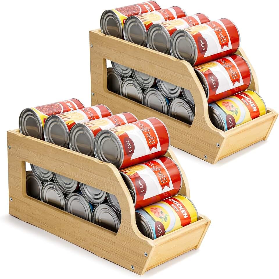 Yumkfoi Dosenhalter und -aufbewahrung aus Bambus für die Speisekammer, Getränkedosenhalter, stapelbarer Dosenspender für Speisekammer, Küche, Schrank, 2 Stück