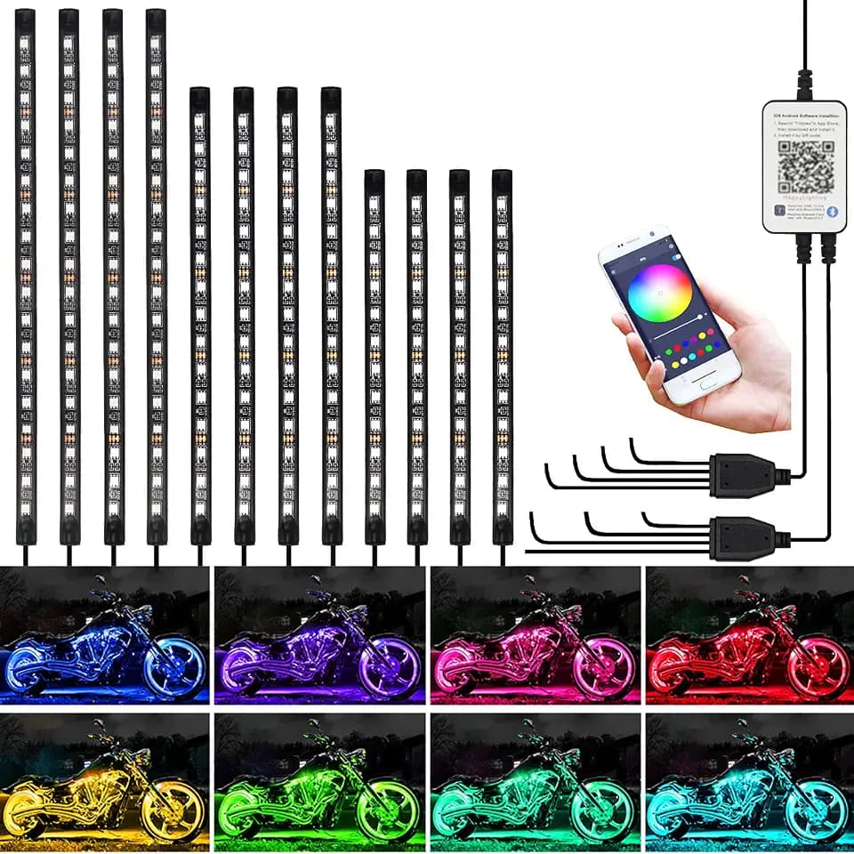 12PCS Motorcycle LED Underglow Kit, App Control Multicolor Motorcycle Lights Underglow Kit Music Sync Waterproof Underglow Compatible with Harley Davidson Honda Kawasaki Suzuki Motorcycles