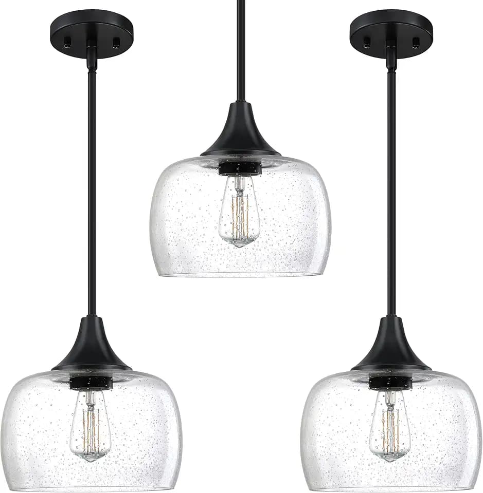 3 Pack 1 Light Hanging Indoor Kitchen Island Pendant Ceiling Light 8.2" Drum Clear Seeded Glass Shade Fixture,Black Finish Modern Farmhouse Dinning Over Sink Adjustable Rod