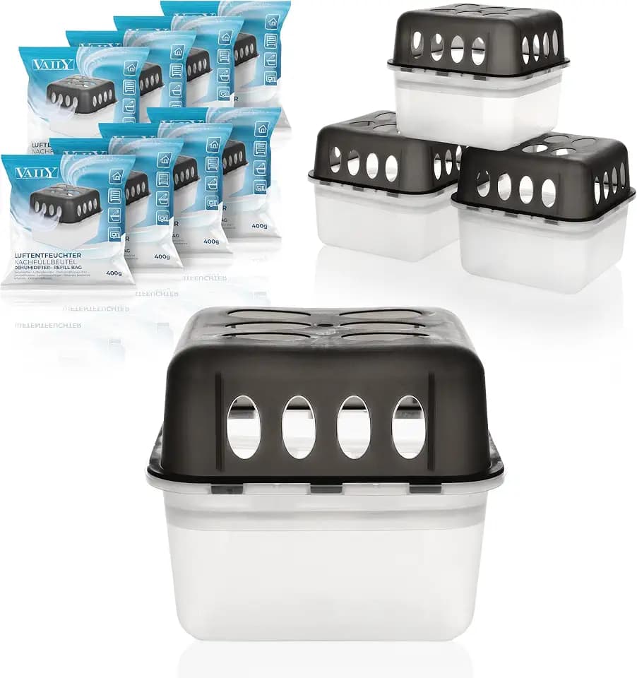 Vaily Luftentfeuchter 4er Set mit 8x 400g Nachfüllbeutel - Raumentfeuchter mit Granulat für Bad, Keller, Wohnung u.v.m bis 40m²