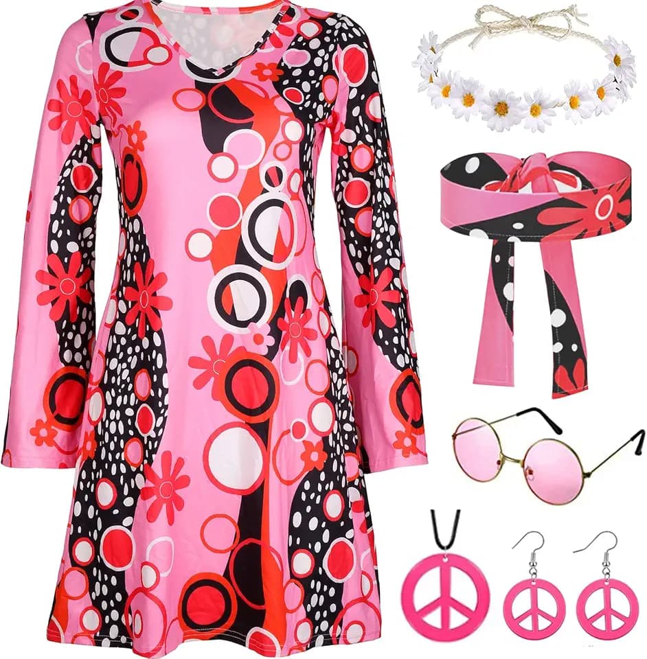 Hippie Kostüm Damen Kleid Set mit 70er Jahre Kleid Hippie Accessoires 60er 70er Jahre Outfit Damen Party Disco Karneval 70er Kostüm Hippie kleidung Damen Frau 70er Jahre Bekleidung Damen 70er Mode
