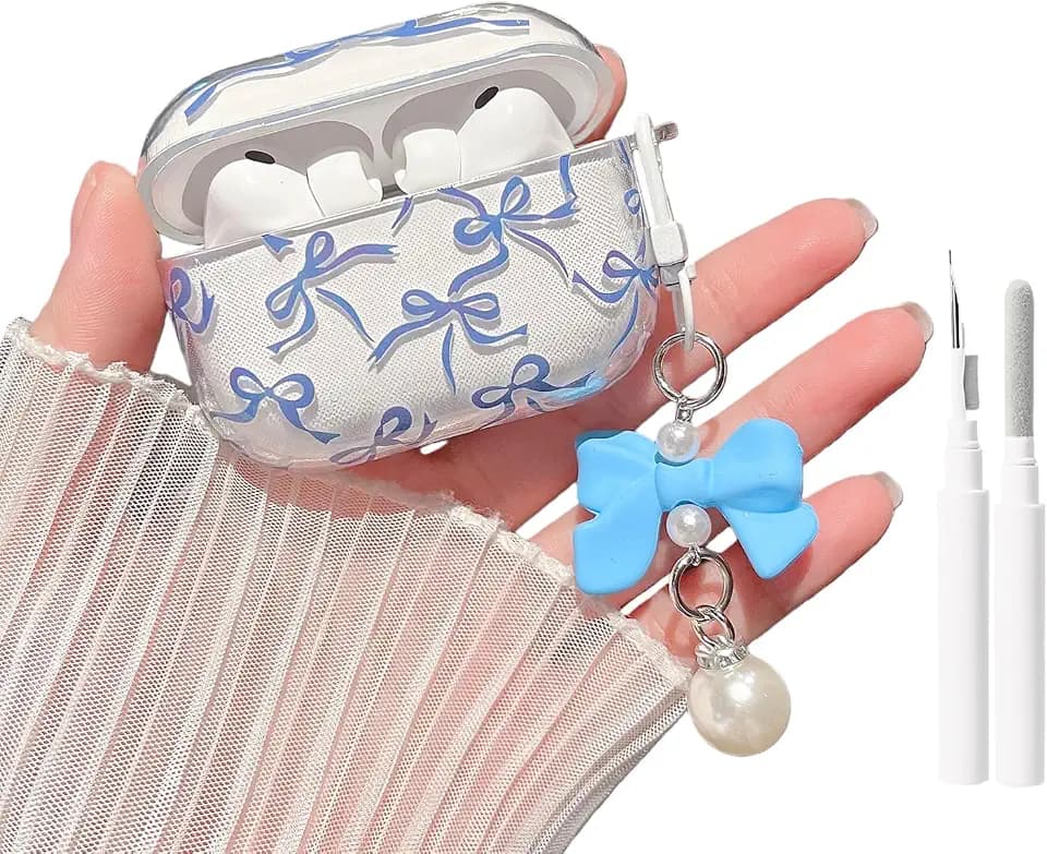MINSCOSE for AirPods Pro 3rd Generation Case (2025) with Cleaner Kit,Cute Ribbon Bow Pettern Design with Lovely Bow Pearl Keychain,Soft TPU Protective Shockproof Case for Airpods Pro 3-Dark Blue