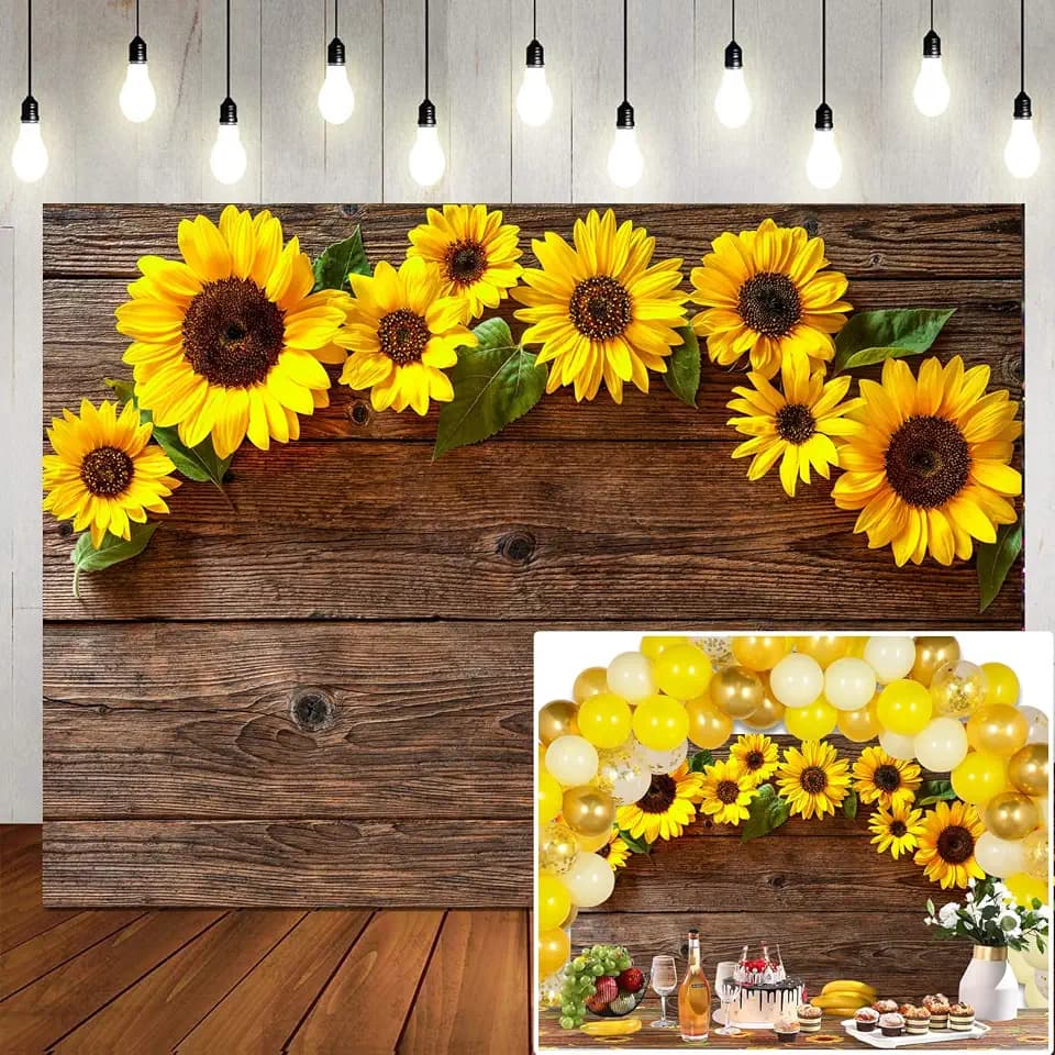 8x6FT Sunflower Brown Wood Backdrops for Photography Rustic Child Baby Shower Birthday Party Background Banner for Picture Photo Studio Photo Booth Decoration 051