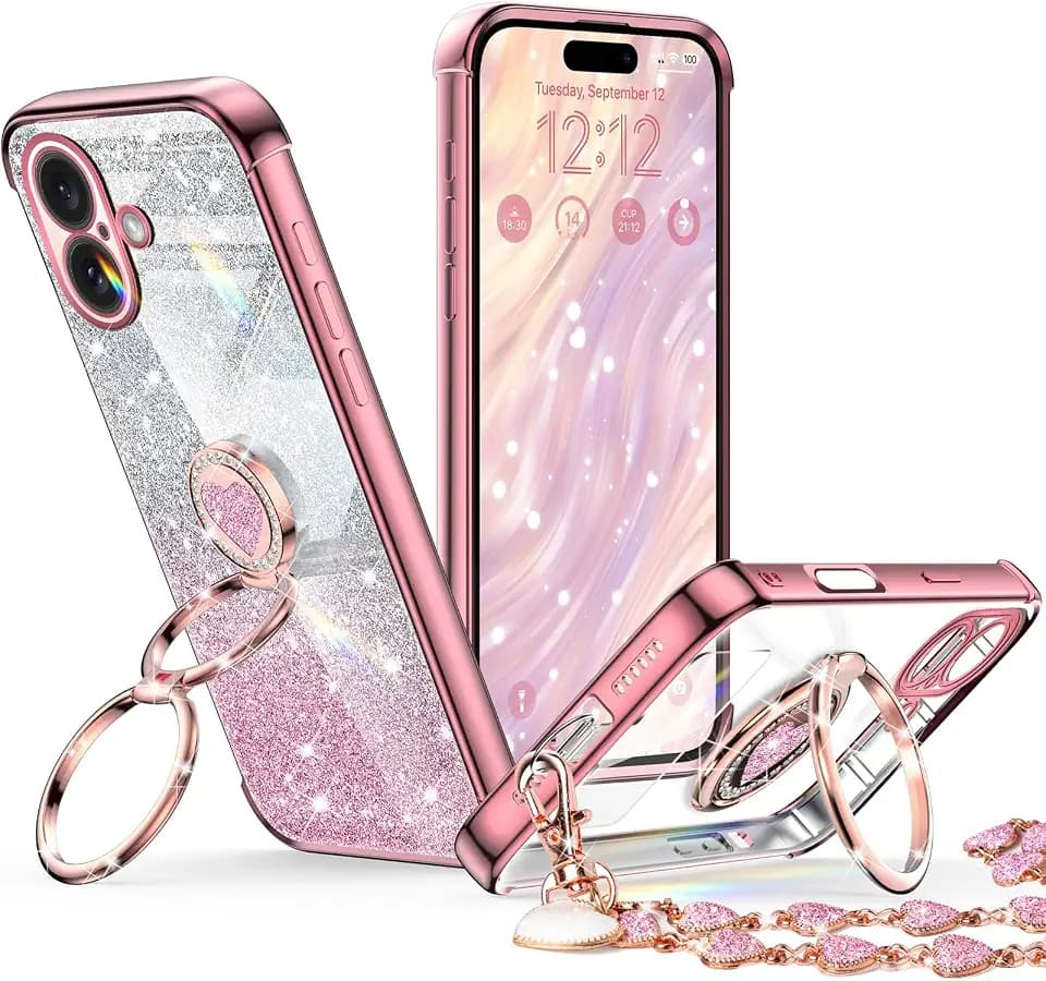 XYZ for iPhone 16 Plus Case with Stand, Phone Case with Double Ring Kickstand, Women Girls Bling Luxury Glitter Clear Phone Case Cover Heart for iPhone 16 Plus 6.7 inch, Rose Gold