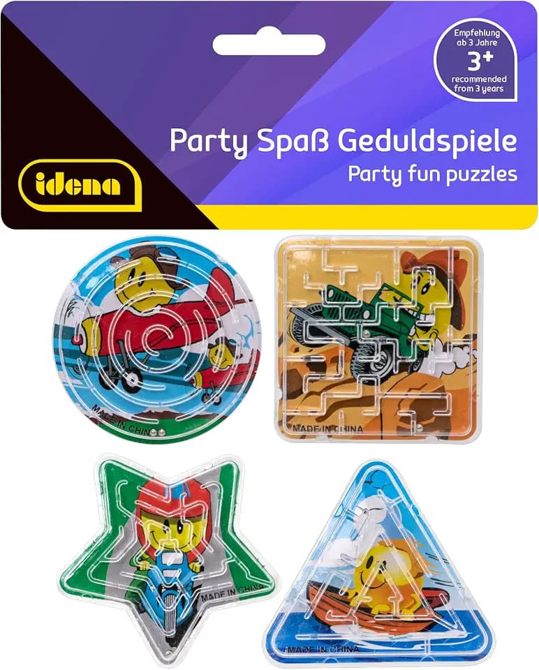 Idena 40430 - Partyspaß Geduldspiele, 4 Stück, kleine Labyrinthe mit lustigen Emoji Hintergrundmotiven in den Formen Kreis, Dreieck, Quadrat und Stern, durchschnittliche Größe ca. 6 cm