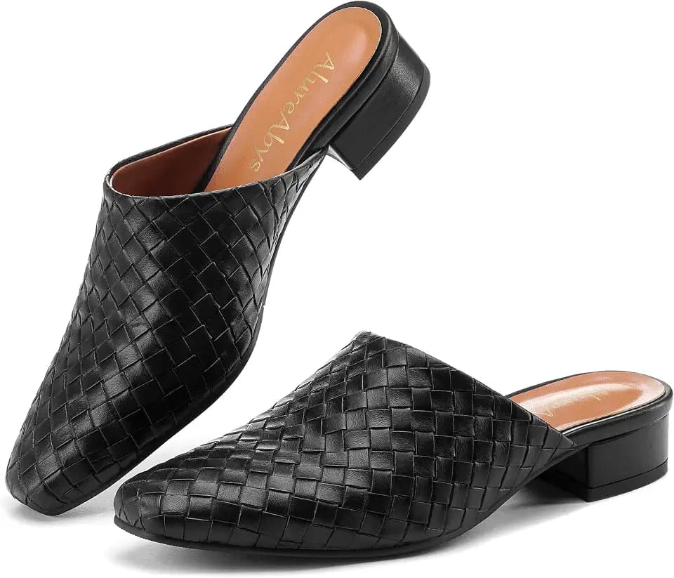 Women's Woven Mule Shoes Closed Toe Slip On Low Block Heel Dress Mules