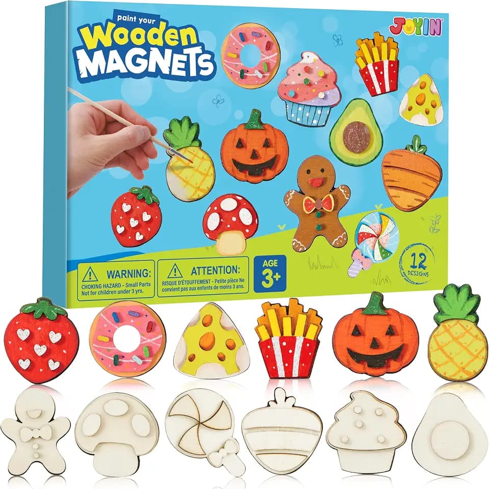 JOYIN 12 pcs Wooden Magnets, Painting Craft for Boys and Girls, Spring and Rainy Day Activities Kit, Craft Toys Gifts for Kids Birthday Easter