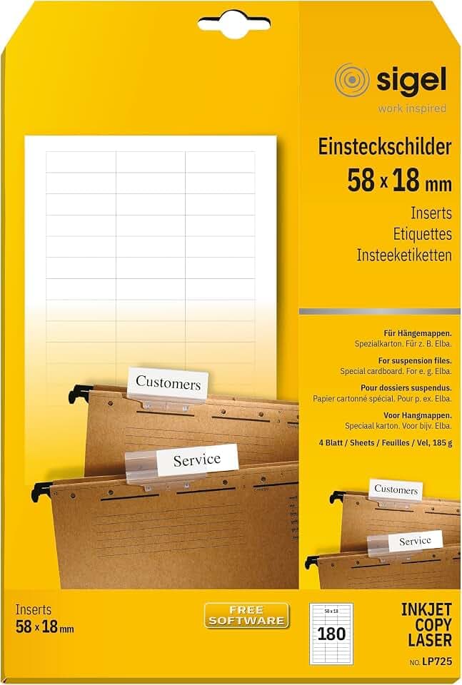 SIGEL LP725 Blankoschilder für Hängeregistratur weiß (A4, 180 Stück, 58x18 mm) für Elba, Beschriftungsschilder, mit ultra-feiner Mikroperforation