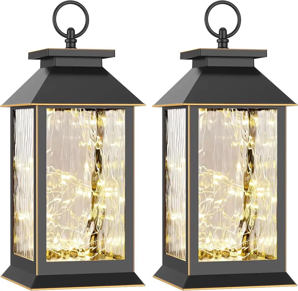 2-Pack Hanging Solar Lanterns, Water Ripple Glass Fairy Lights Design, Outdoor Waterproof, Upgraded Dual Power (Solar & AA Battery), Perfect for Porch, Patio, Indoor Tables and Mantelpiece