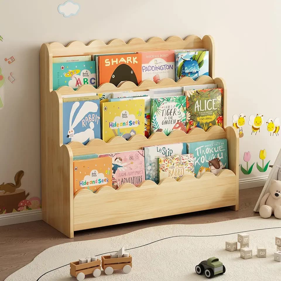 3-Tier Solid Pine Wood Scalloped Bookshelf, Natural