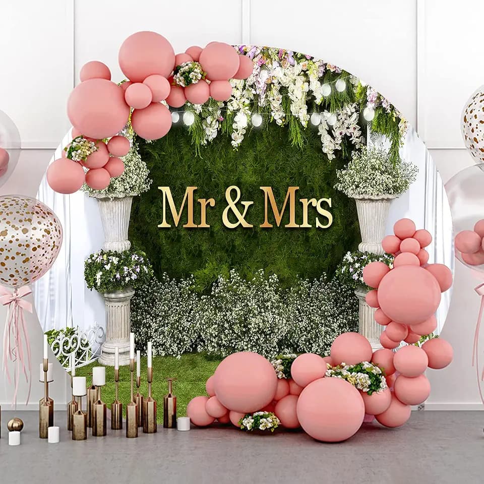 Wedding Round Backdrop Cover, 7.2x7.2ft Polyester Mr and Mrs Wedding Party Circle Round Arch Backdrop Stand Cover for Photography, Chic Circular Floral Grass Photography Backdrop YMBLSPH39#1