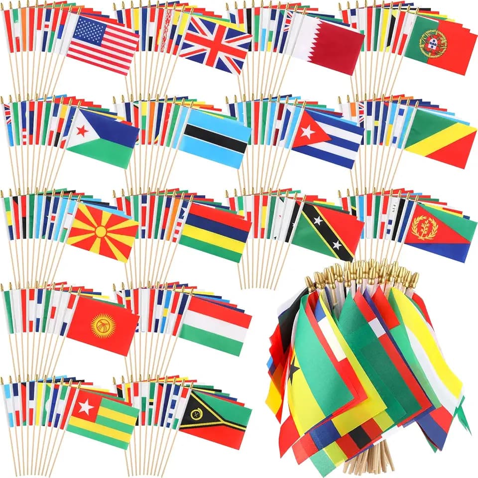 Preboun 200 Countries International World Flags on Stick, Small Mini Hand Held Flags for Sports Events, International Festival, Classroom Education, Geography Learning, 5.5 x 8.2 Inch