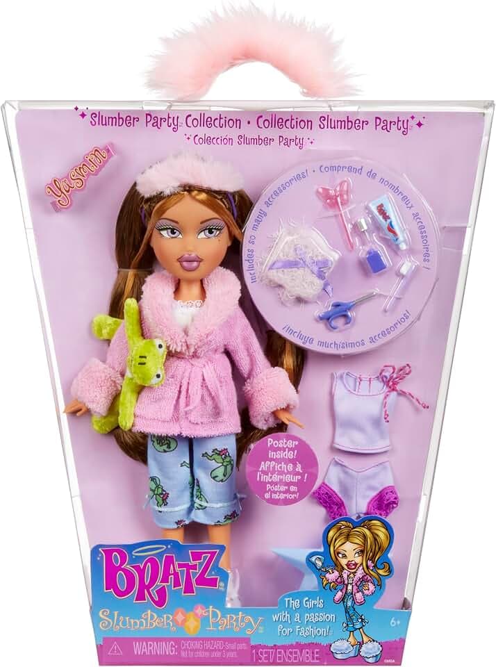 Bratz Slumber Party - Yasmin Modepuppe - Mit 2 Pyjama-Garnituren, Plüschtier und Accessoires - Für Kinder und Sammler, Lila Oder Rosa