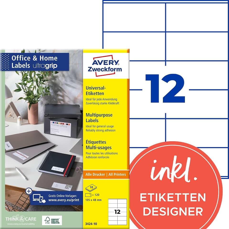 AVERY Zweckform 3424-10 Adressaufkleber (120 Etiketten, 105x48mm auf A4, FSC, bedruckbareAbsenderetiketten, selbstklebende Klebeetiketten mit ultragrip, ideal fürs HomeOffice) 10 Blatt, weiß