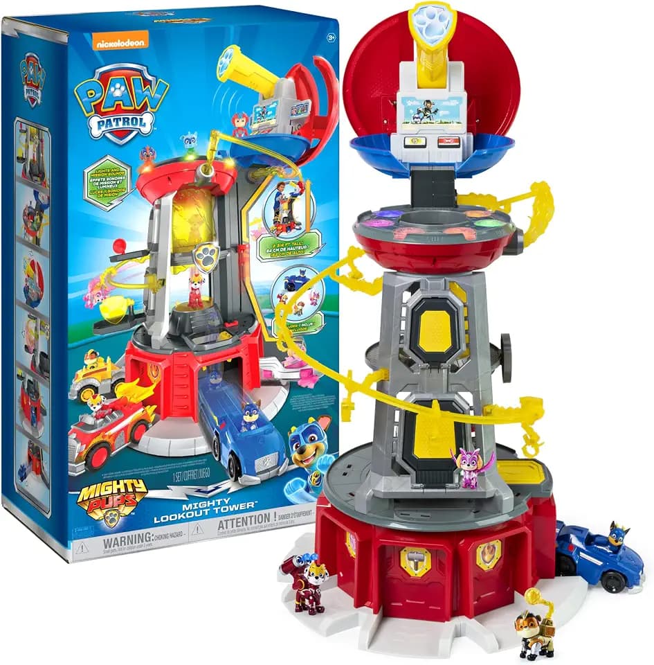 PAW PATROL, Mighty Lookout Tower mit 4 zusätzlichen exklusiven Action-Figuren, Spielzeugauto, Licht- und Geräuscheffekten, Spielzeug für Kinder ab 3 Jahren