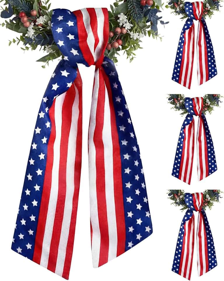 Patriotic Wreath Sash 4 Pack for Front Door, 55 x 5 Inch American Flag Stars and Stripes Ribbon, 4th of July Memorial Day Decor