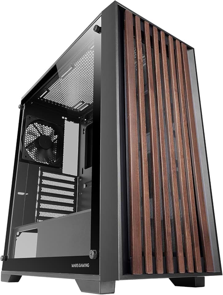 Mars Gaming MC-Wood, ATX-PC-Gehäuse, Holzfrontplatte, Seitliches Gehärtetes Glas, 120mm FDB-Lüfter, Flüssigkeitskühlung bis 360mm, Dual-Kammer, Kabelmanagement, Semi-Tower-PC, Schwarz