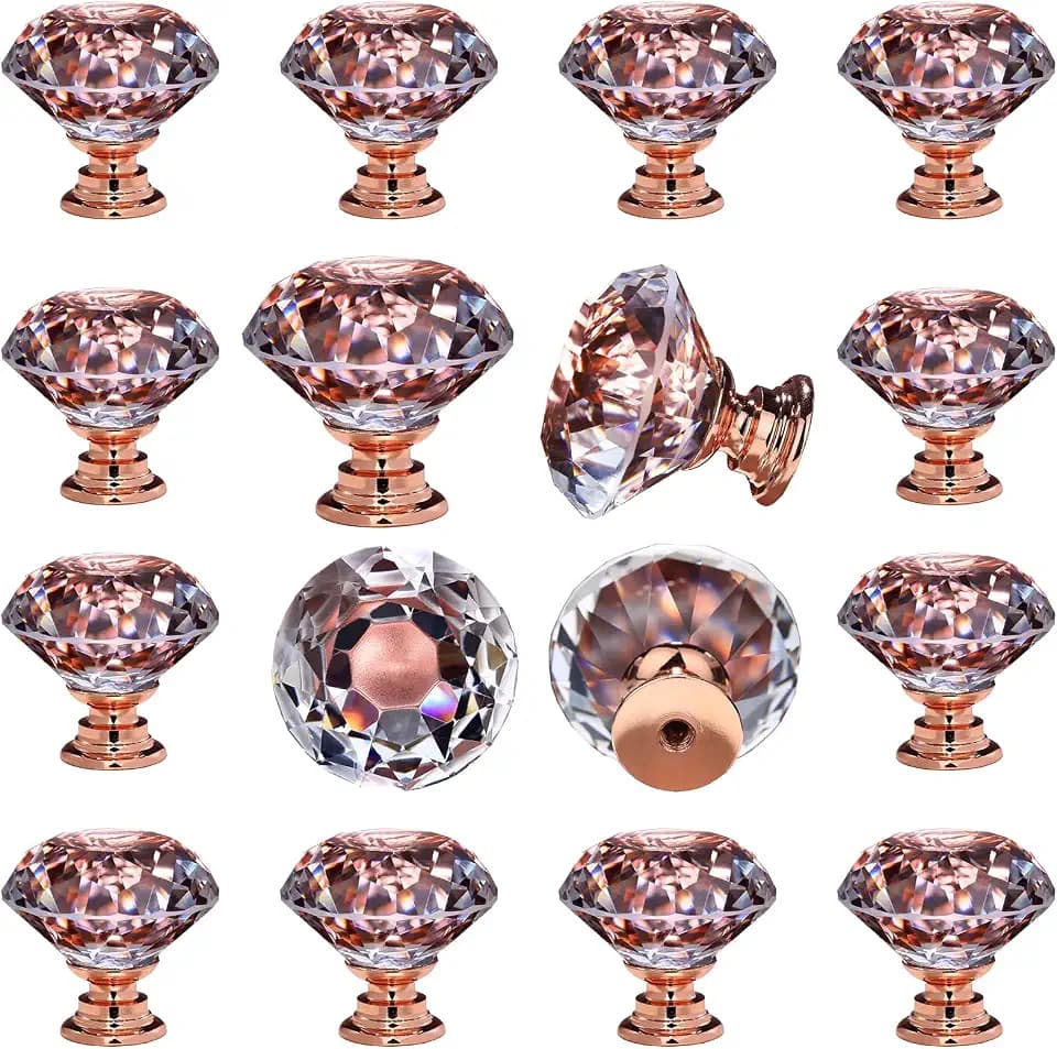 DEELF 12 Packs Kitchen Cabinet Knobs, 30 mm Crystal Cabinet Knobs, Diamond Dresser Handle Drawer Pulls, Dresser Knobs for Cabinets and Drawers, Rose Gold Base