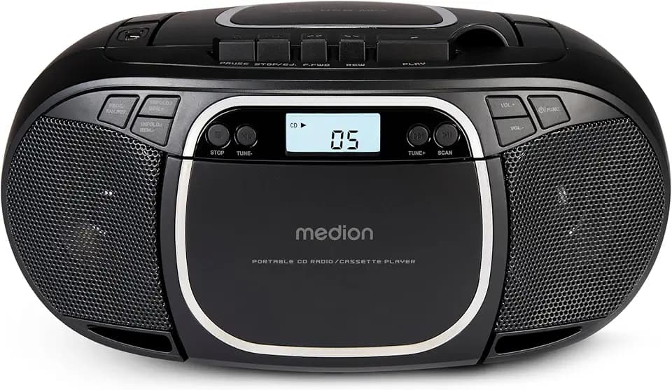 MEDION E66476 Stereo Sound System (Boombox, CD-Player, MP3, Kassette, tragbarer Kassettenspieler für Kinder, UKW Radio, AUX, Kopfhörer, Netz & Batterie) schwarz