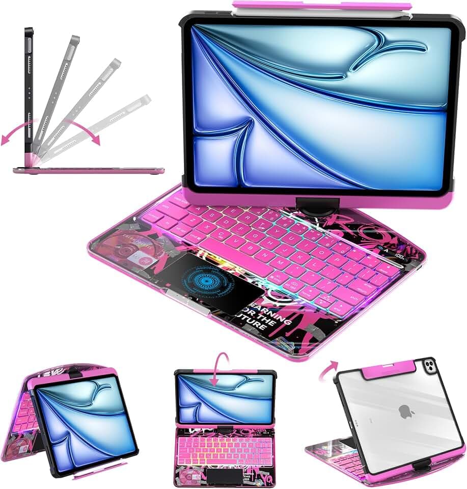 Clear Keyboard Case for iPad Air 13" (M3/M2, 2025/2024) & Pro 12.9" (3/4/5/6th Gen) 360° Swivel Multi-Touch Trackpad with Wireless Bluetooth 7-Color Backlight, Pencil Holder Pink