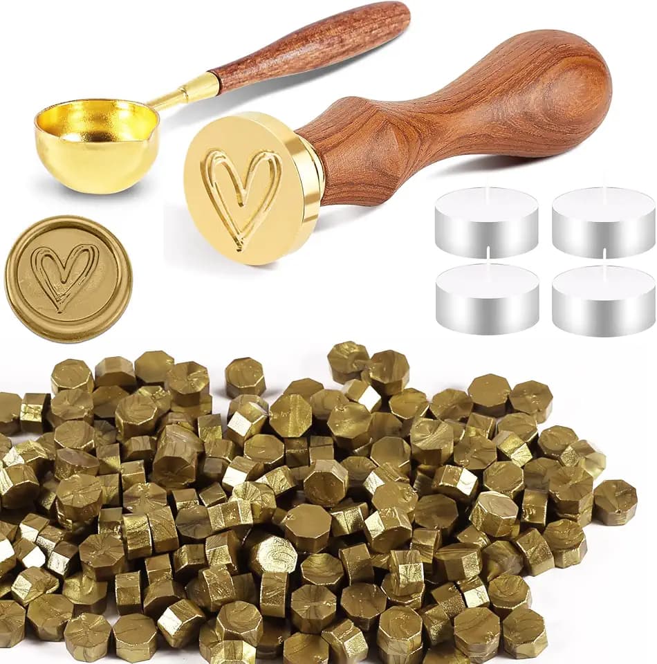 200 Stück Siegelwachs Perlen Set Wachssiegel Stempel mit 1 Siegelstempel, 1 Schmelzlöffel, 4 Teelichte | Siegellack Perlen Set für Umschlag/Einladungen/Karten/Geschenk (Herz,Dunkelgold)