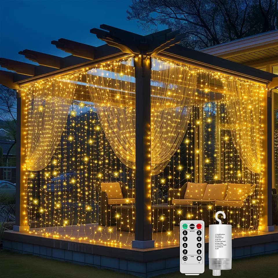 Lichtervorhang, 6x3M 600 LEDs Lichterketten Vorhang, Hängend Lichterkettenvorhang Warmweiß mit 20 Haken Fernbedienung Timer, Lichtervorhang Innen Außen für Weihnachten Hochzeit Party Deko