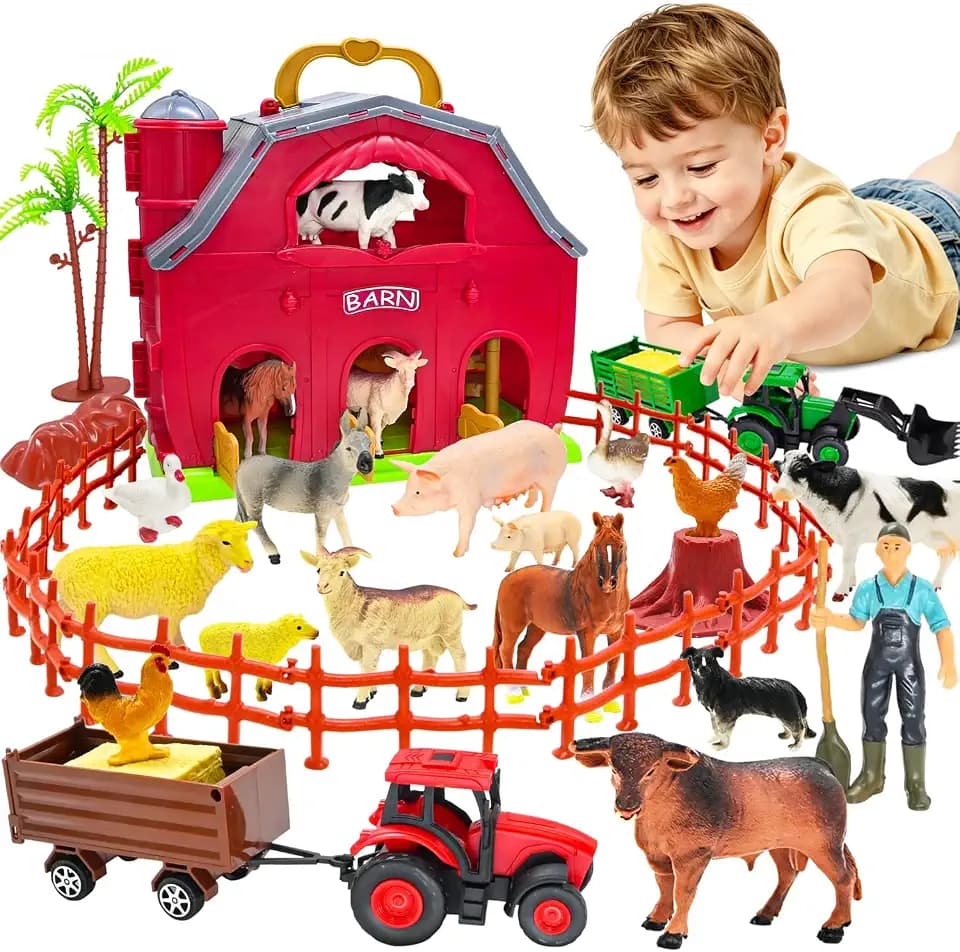 BOLZRA Farm Animals Big Red Barn Toy with Tractors Fence for Toddlers 1-5