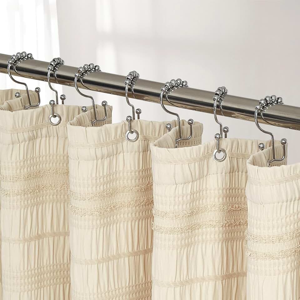 Siiluminisoy Beige Shower Curtain Farmhouse Shower Curtain Cotton Blend Striped Shower Curtains for Bathroom Shabby Chic Rustic Decor 72 x 72