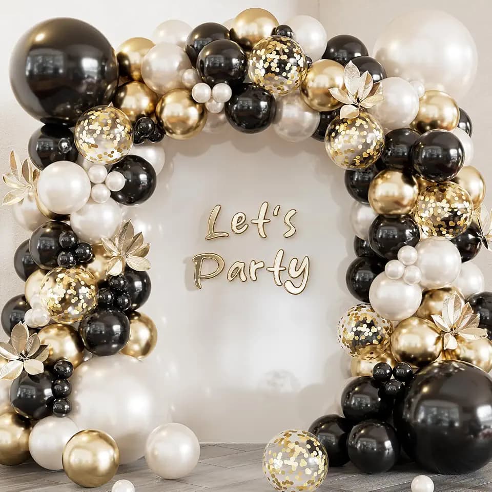 Black Gold White Balloon Arch Garland Kit, Double Stuffed Balloons
