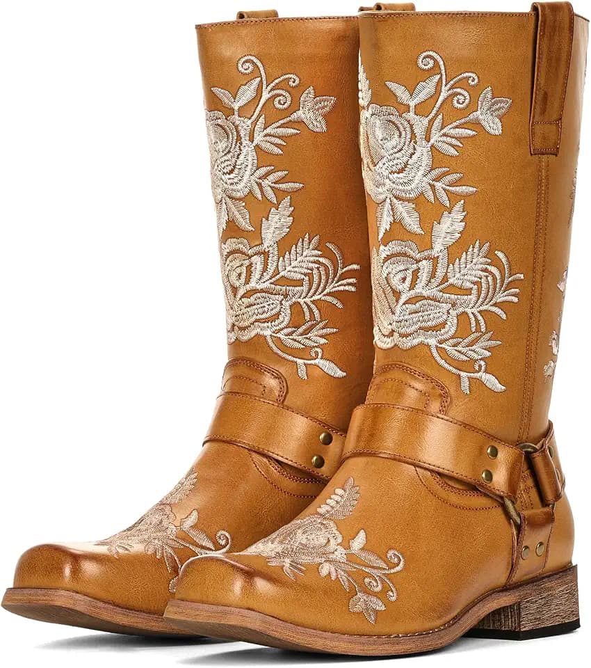 Flower Square Toe Cowboy Boots for Women Western Moto Riding Half-Boots