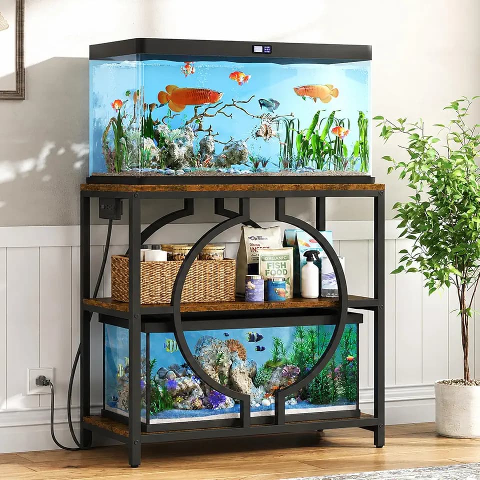 HavenlyYouth 20-29 Gallon Aquarium Stand with Power Outlet, 3 Tier Heavy Duty Metal Fish Tank Stand with Storage Shelf, Fish Tank Table for Home Office, 31.5" L x 15.7" W x 31.2" H, Rustic Brown