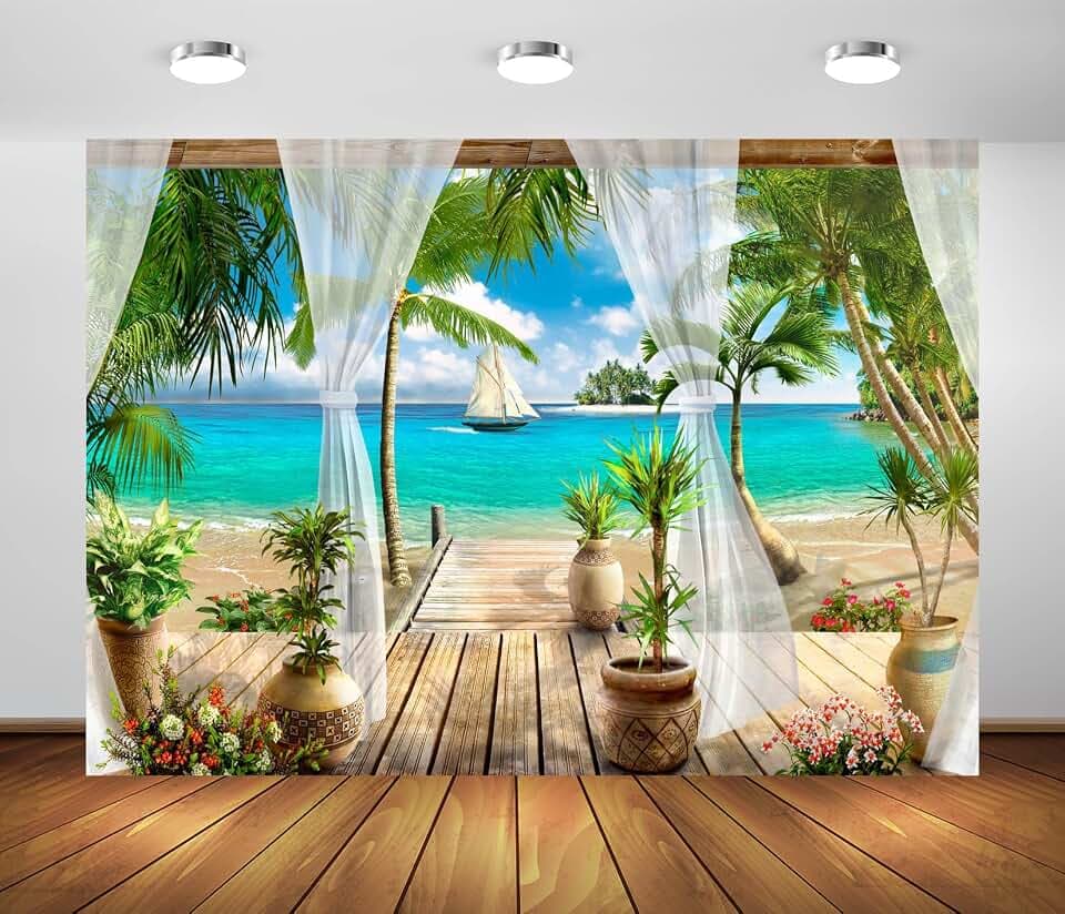 BELECO 7x5ft Fabric Tropical Sea Backdrop Paradise Beach Villa Terrace View Palm Trees Blue Ocean Island Sailing Boat Background Summer Theme Party Decoration Photoshoot Studio Props Wallpaper