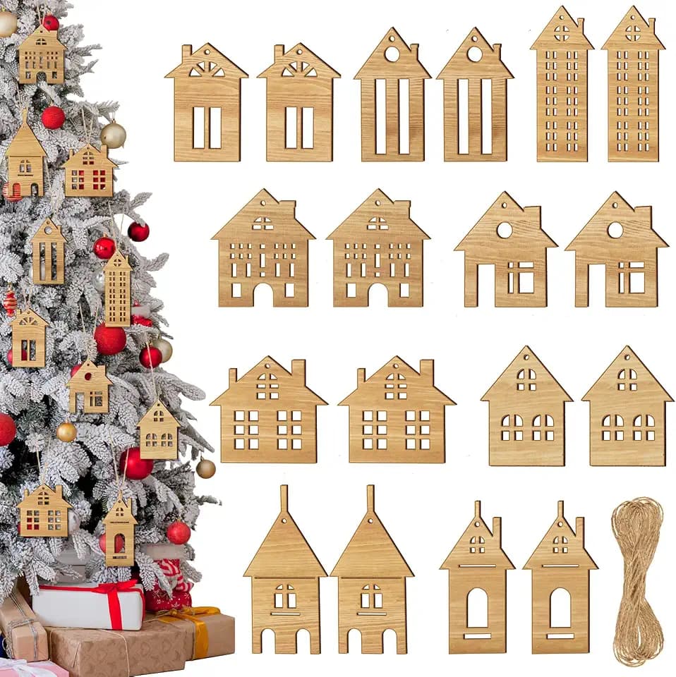 Unittype 18 Pcs Christmas Tree Ornaments Wood House for Craft, Big, Wood