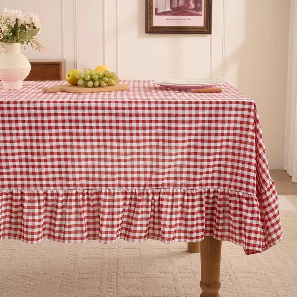 Romanstile Gingham Ruffled Tablecloth Rectangle, 60 x 120 Inch, Red