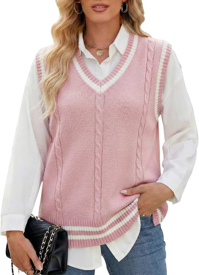 Gihuo Women's Sweater Vest V Neck Uniform Sleeveless Knitted School JK Pullover Tops Classic